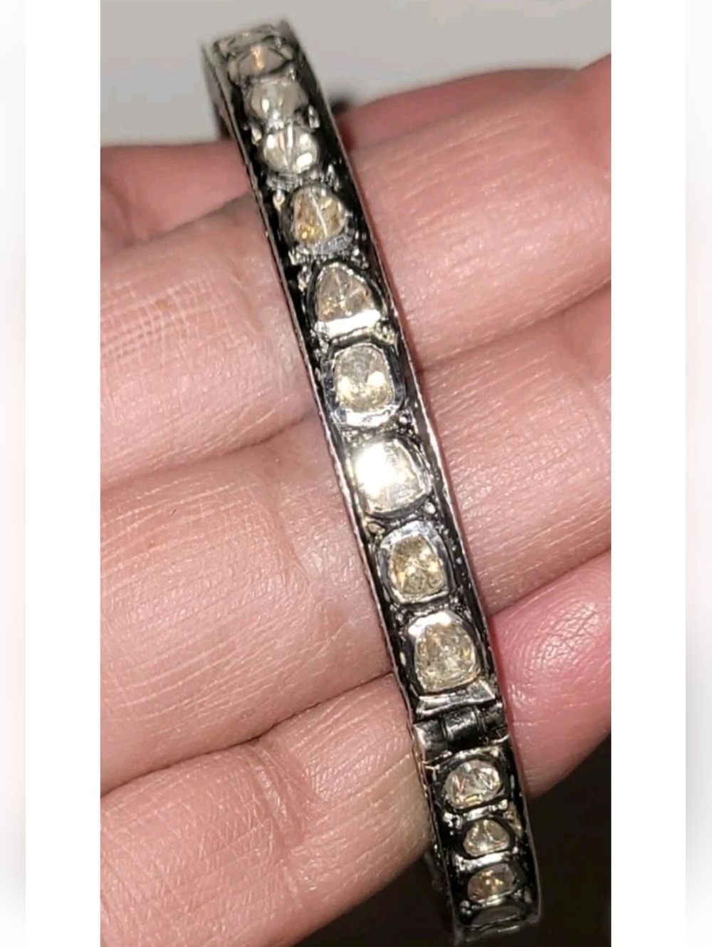 Vintage Sterling Silver Raw Rose Cut Pink Brown Peach 9 Diamond Carats  Bracelet